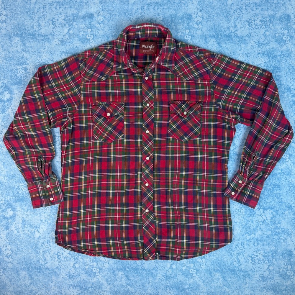 Wrangler Mens Red Tartan Plaid Flannel Western Pearl Snap Shirt Large